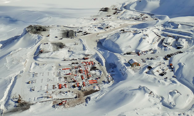 The landscape of the Brucejack Mine site is covered in snow, March 2016.