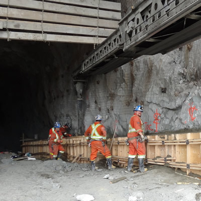 Construction workers at the underground Brucejack gold mine, dressed in hi-vis suits. 