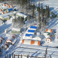 A snow covered aerial view of Noront Resources camp. 