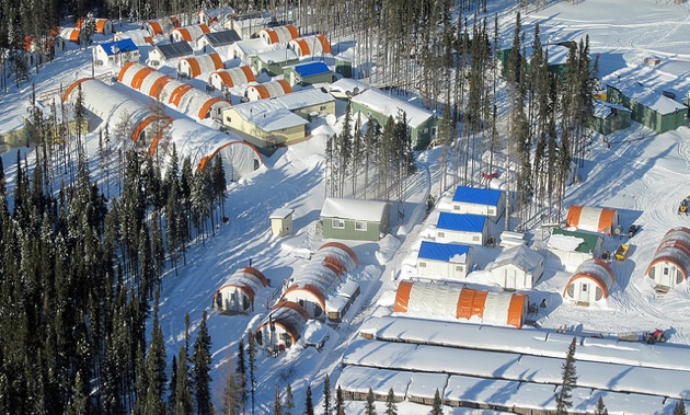 A snow covered aerial view of Noront Resources camp. 