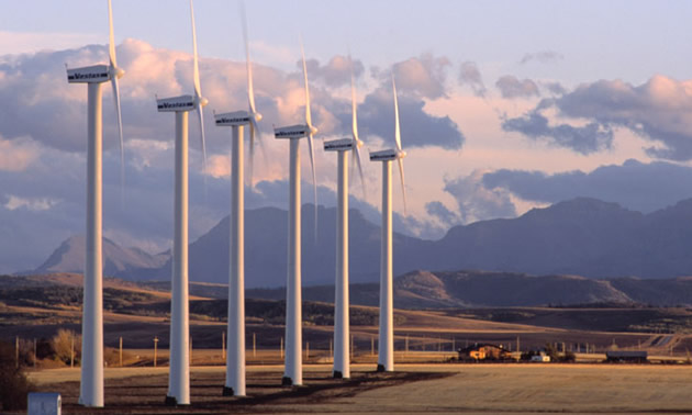 Picture of wind turbines in prairie setting, with distant mountains in background. 
