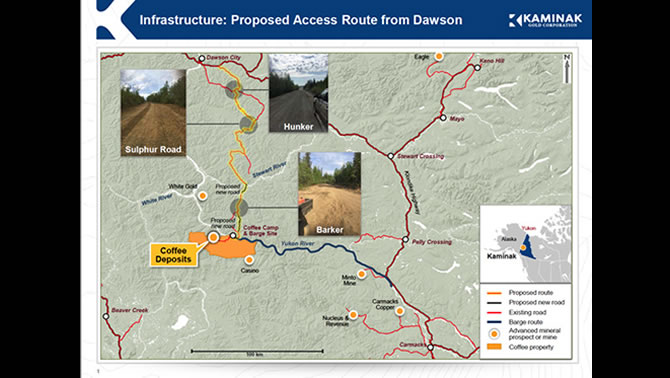 Graphic of the proposed route from Dawson City to the Coffee Gold Project in the Yukon Territory.