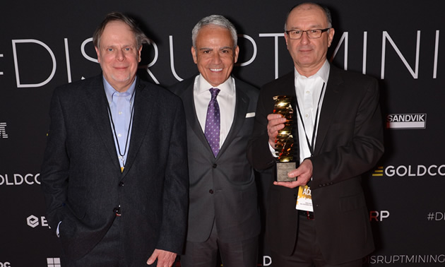 Celebrating at last year’s challenge are (L to R): Jacques Yves Guigné, CEO of Acoustic Zoom; David Garofalo, CEO of Goldcorp; and Gary Dinn, vice-president marketing at Acoustic Zoom. 

