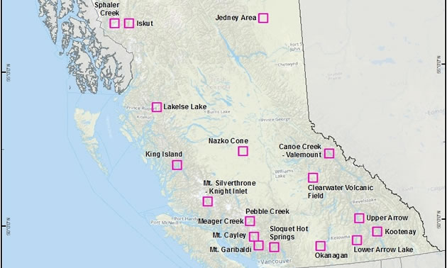Map of geothermal energy resources in B.C. 