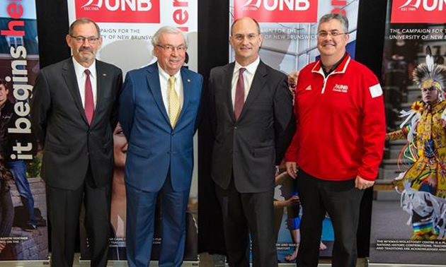 From Left to Right: Dr. Bob Quartermain Campaign Co-Chair, Dr. Mac Watson Campaign Cabinet Member, Jeff Hussey Osisko Metals and UNB Alumnus, President & CEO and UNB President and Vice-Chancellor Eddy Campbell
