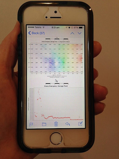 A mobile phone in a women's hand showing the data from the leak detecting system of Liquid Integrity Systems. 