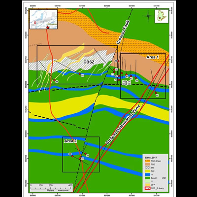 Infographic showing location of key drill holes and relevant geologic features. 