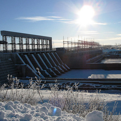La Grande dam in Quebec shown with a skiff of snow on the ground