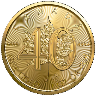 The Royal Canadian Mint's 40th Anniversary of the Gold Maple Leaf bullion coin. 