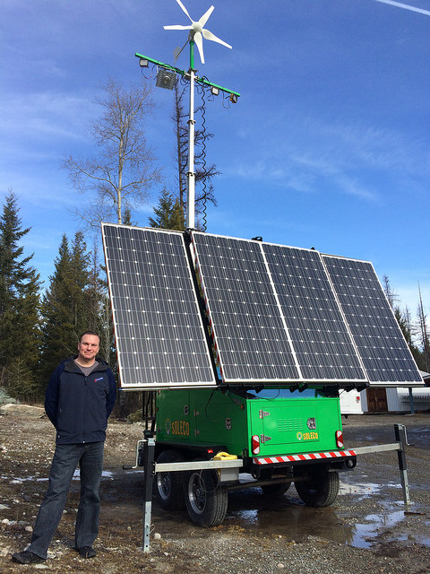 Mike Hambalek with Soleco's second generation solar and wind-powered light tower.