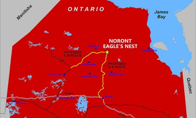 Map of Ontario, showing the Ring of Fire region marked off. 