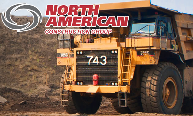 Picture of heavy-duty truck, with logo of North American Construction Group Ltd. 