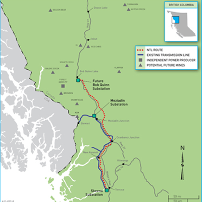 Map showing where the Northwest Transmission line is in British Columbia