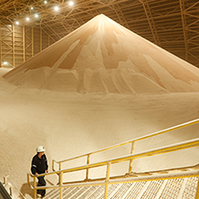 Picture of a worker standing at a stairway, with a huge pile of potash in the background. 