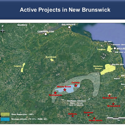 Graphic map of active projects in New Brunswick by Puma Exploration. 