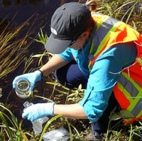 A worker conducts water sampling at New Gold Inc.'s Rainy River gold
project, 50 km northwest of Fort Frances, Ontario. 

