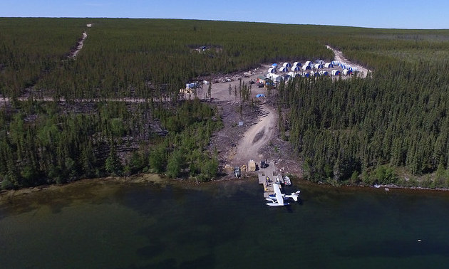 Aerial view of the Rook 1 camp with a sea plane at the doc on Patterson Lake.