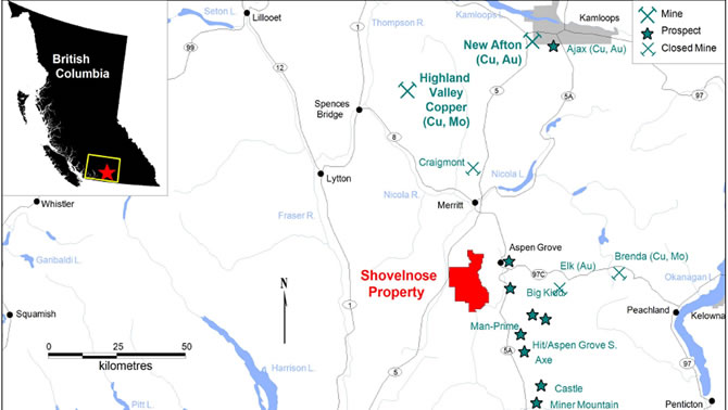 Map of the location of the Shovelnose Project in British Columbia. 