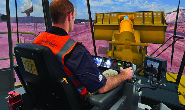 The ThoroughTec Cybermine simulator for a CAT 992G wheel loader is pictured here.