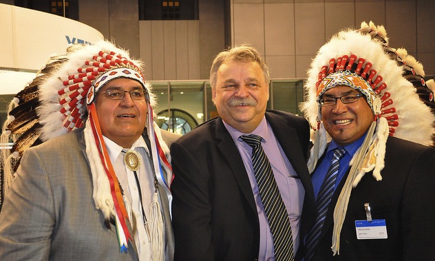 Stan Szary with Onion Lake First Nation Chief Wallace Fox (l) and Yellowquill Chief Larry Cachene (r.)