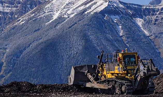 Picture of construction vehicle, with snowy mountain in background. 