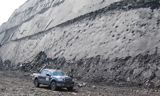 The mines in Tumbler Ridge work closely with the geopark to preserve any interesting finds while on the job. Shown here, a vertical slab at the Anglo American Trend Mine.